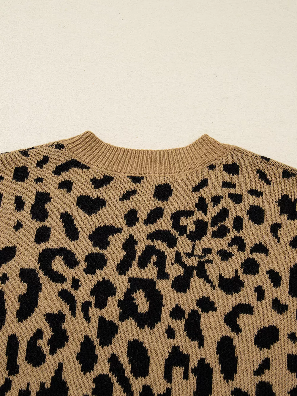 Ribbed Trim Round Neck Leopard Drop Shoulder Sweater, image 6