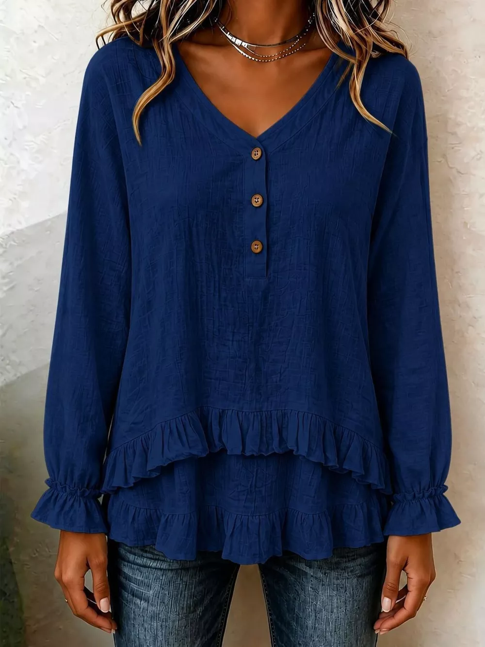 V-Neck Long Sleeve Button Detail Ruffled Hem Blouse, image 5
