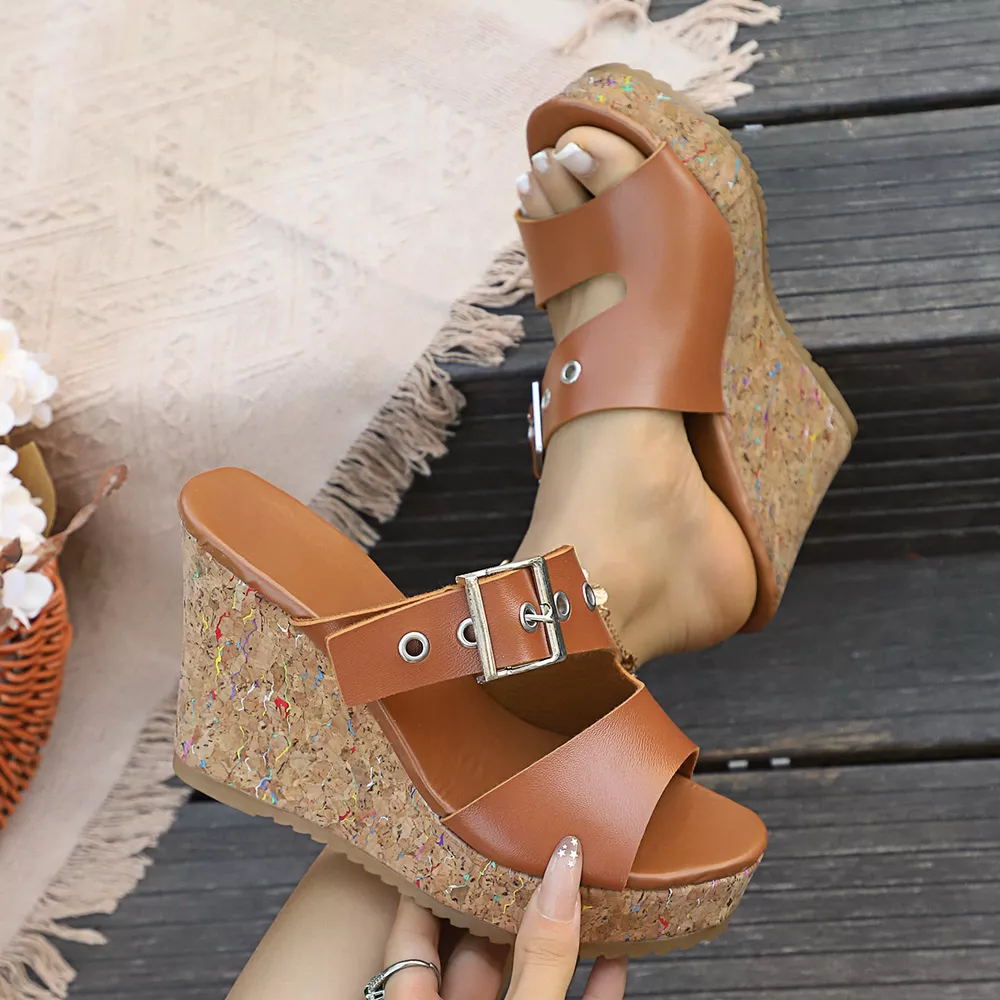 Buckle Strap Cork Wedge Sandals, image 5