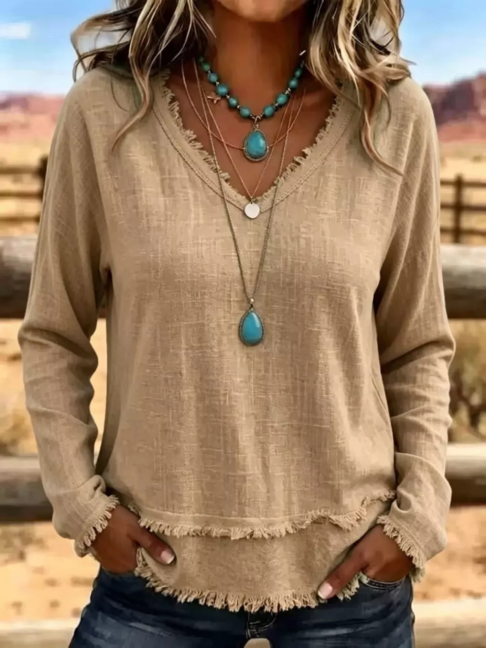V-Neck Long Sleeve Blouse with Frayed Hem Detail