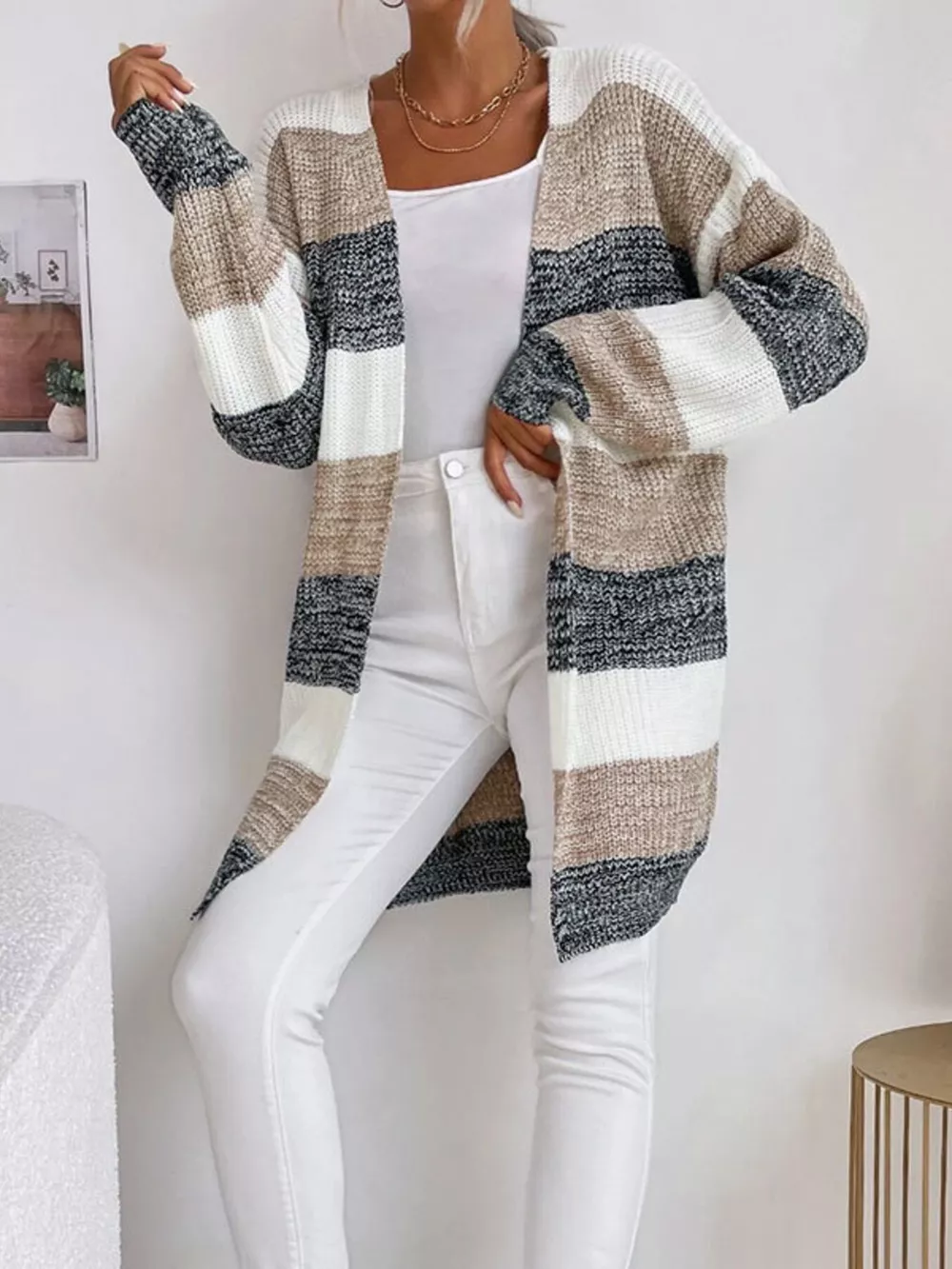Color Block Striped Open Front Longline Cardigan, image 4