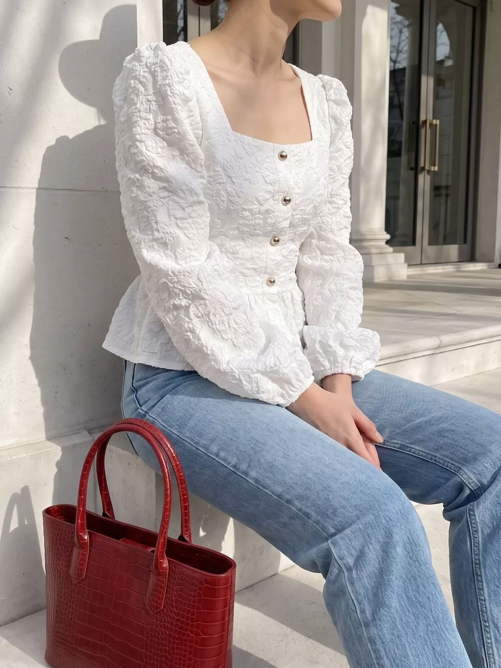 Square Neck Textured Peplum Blouse, image 3