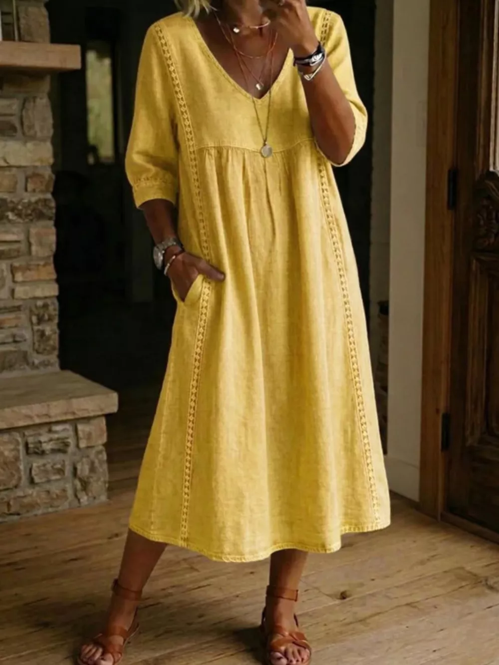 Full Size V-Neck 3/4 Sleeve Midi Dress Plus Size, image 13