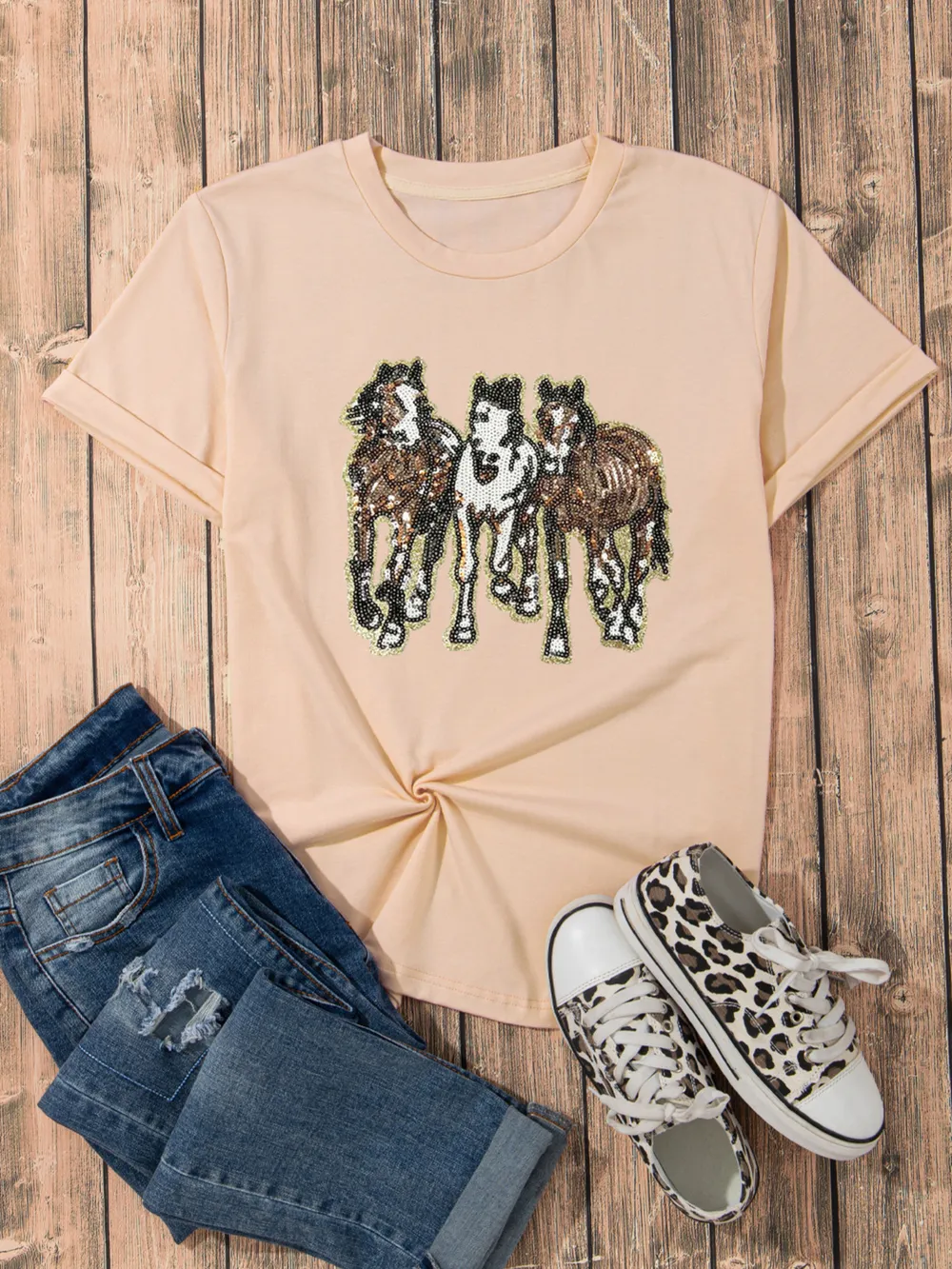 Sequin Horses Patched Casual Crewneck T Shirt, image 5