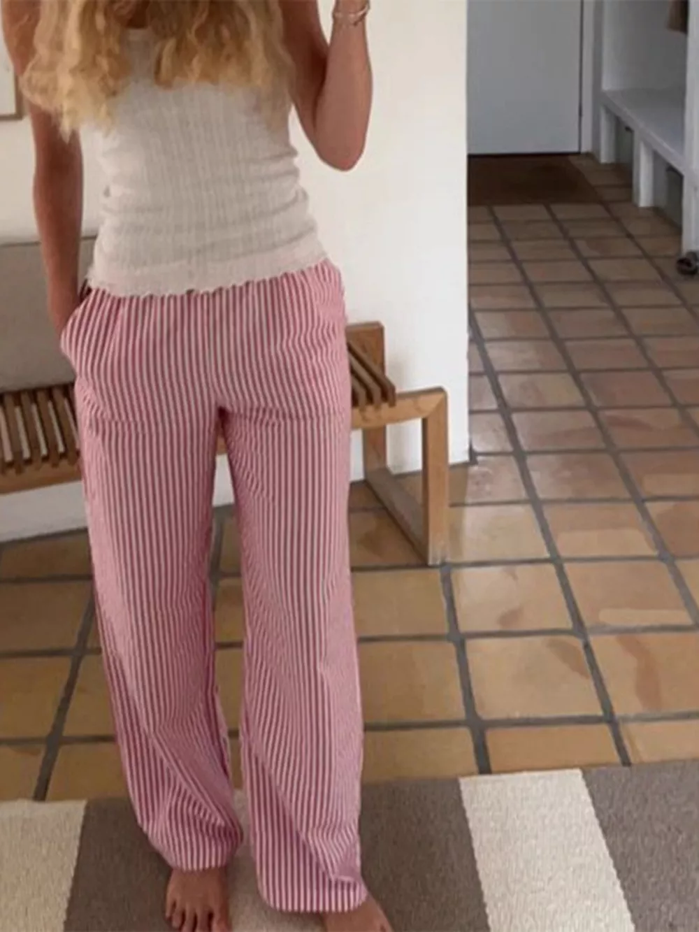 Striped High-Waisted Drawstring Casual Pants, image 5