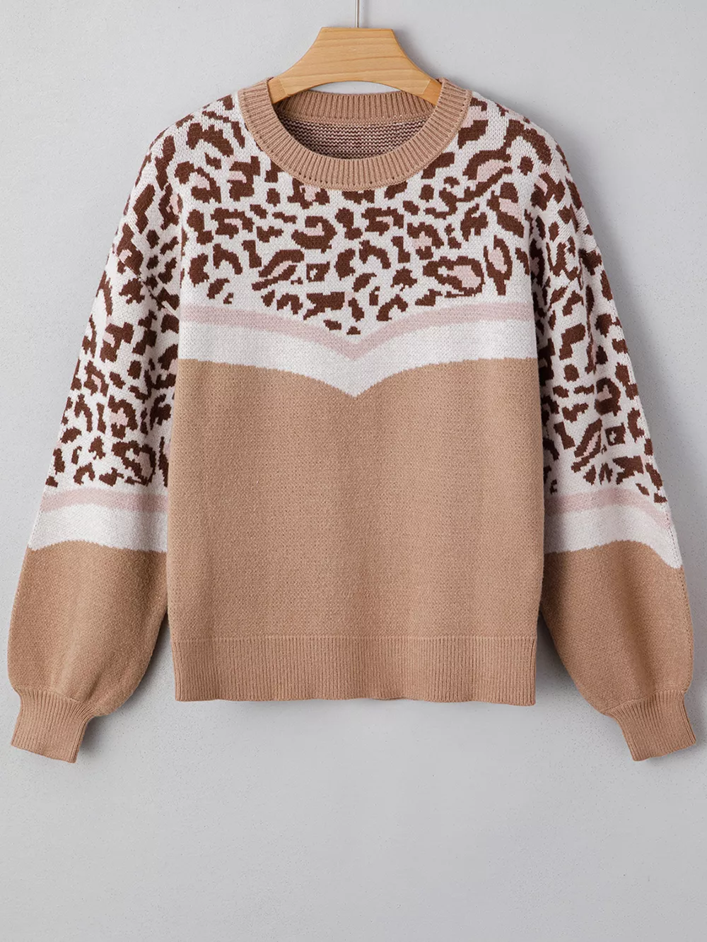 Leopard Color Block Knit Round Neck Baggy Sweater, image 8