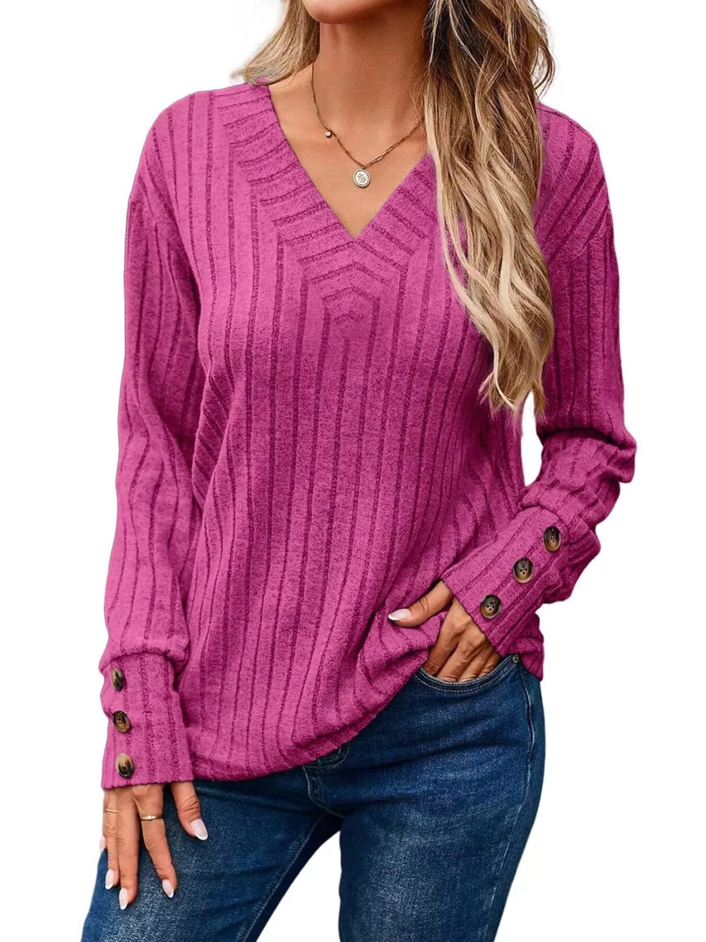Ribbed V-Neck Long Sleeve Top, image 19