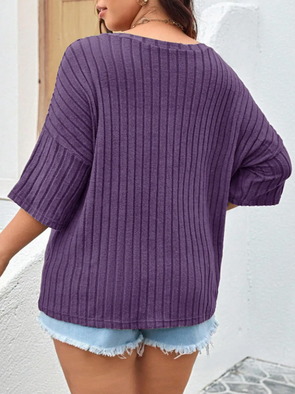 Plus Size V-Neck Ribbed Knit T-Shirt, image 17