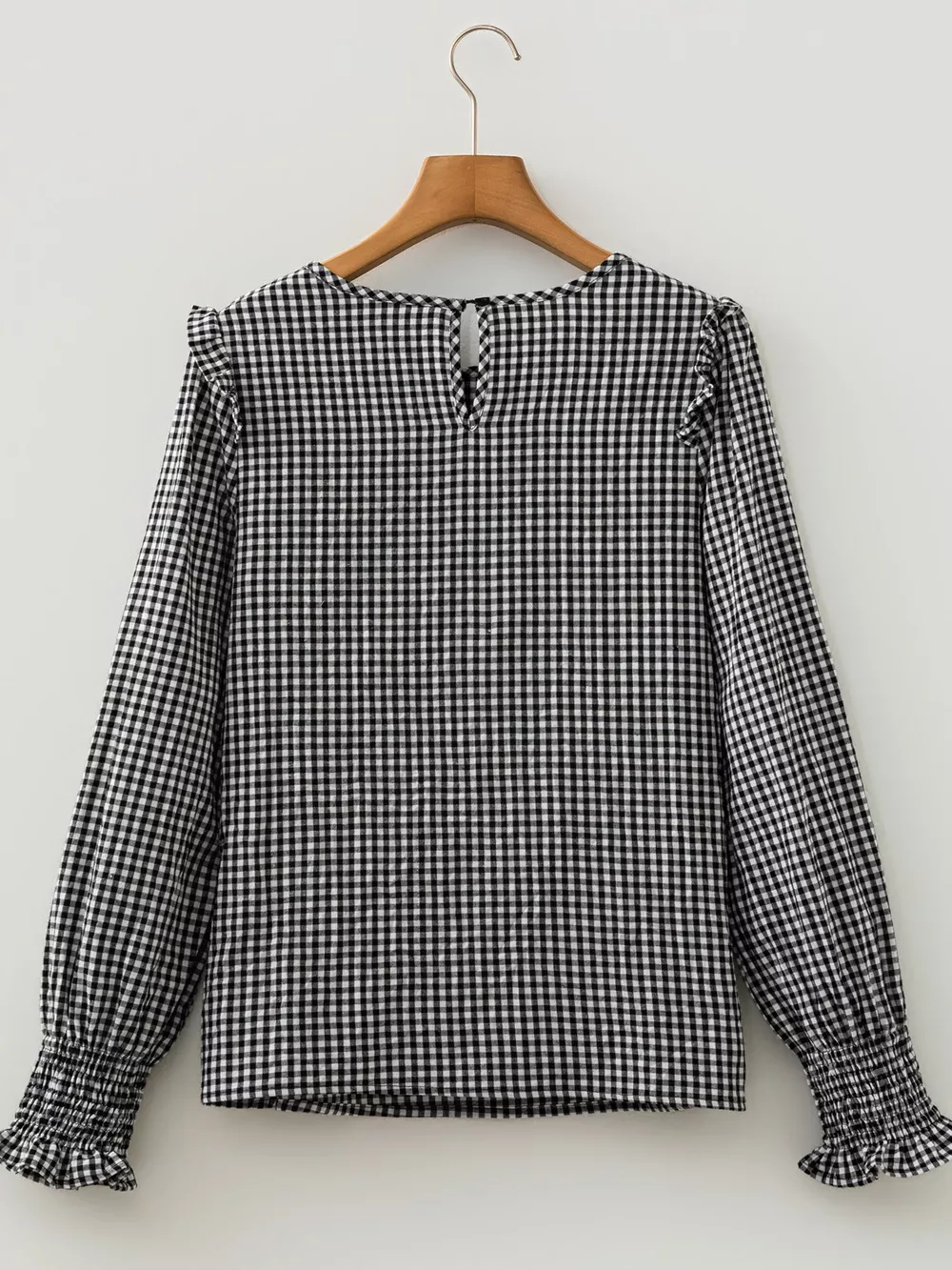 Plaid Shirred Cuff Long Sleeve Round Neck Blouse, image 7