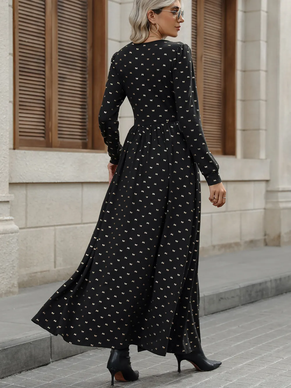 Bow Long Sleeve V-Neck Maxi Dress, image 8