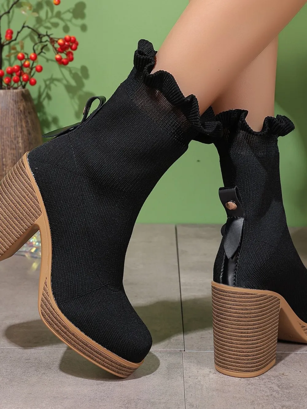 Ruffled Trim Chunky Heel Boots, image 4