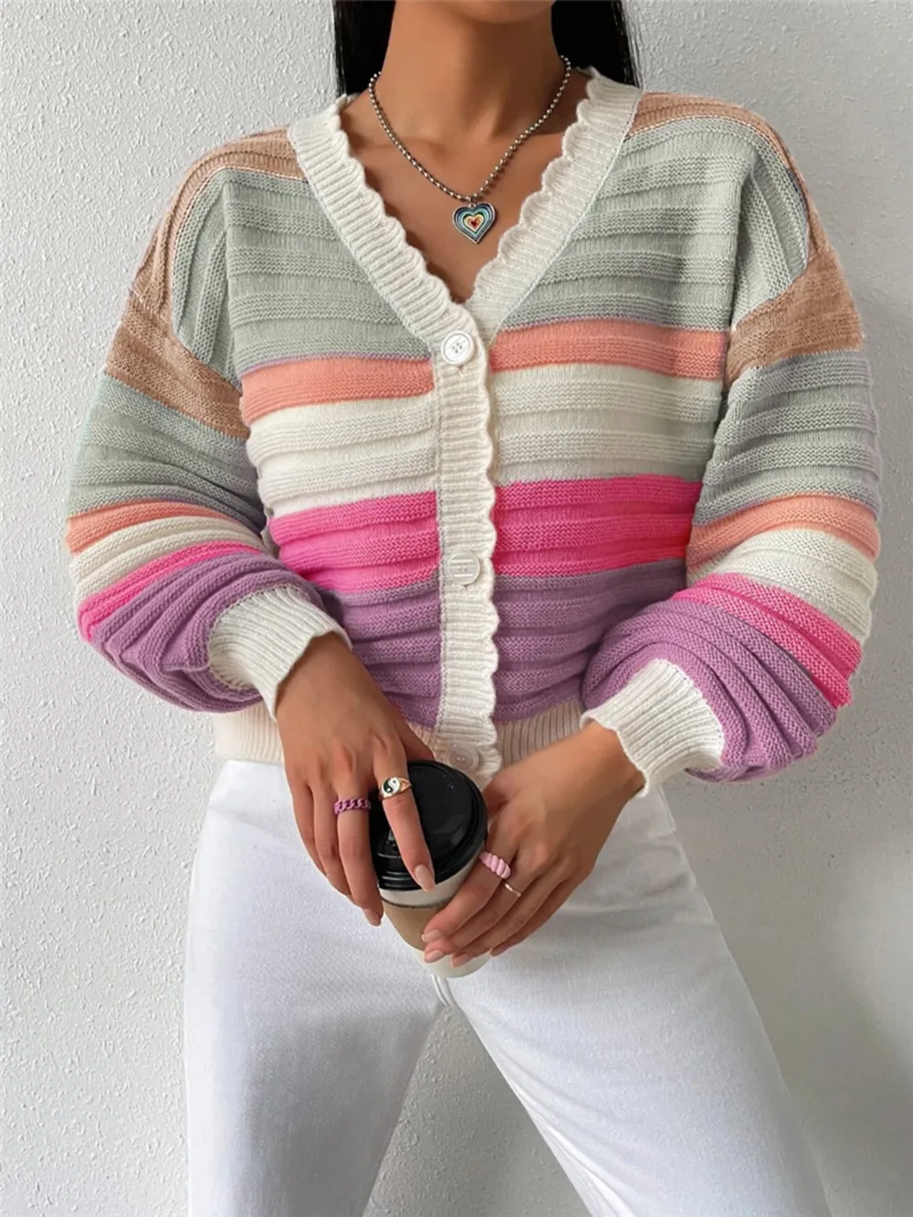 Rainbow Striped Cropped Cardigan with Balloon Sleeves, image 4