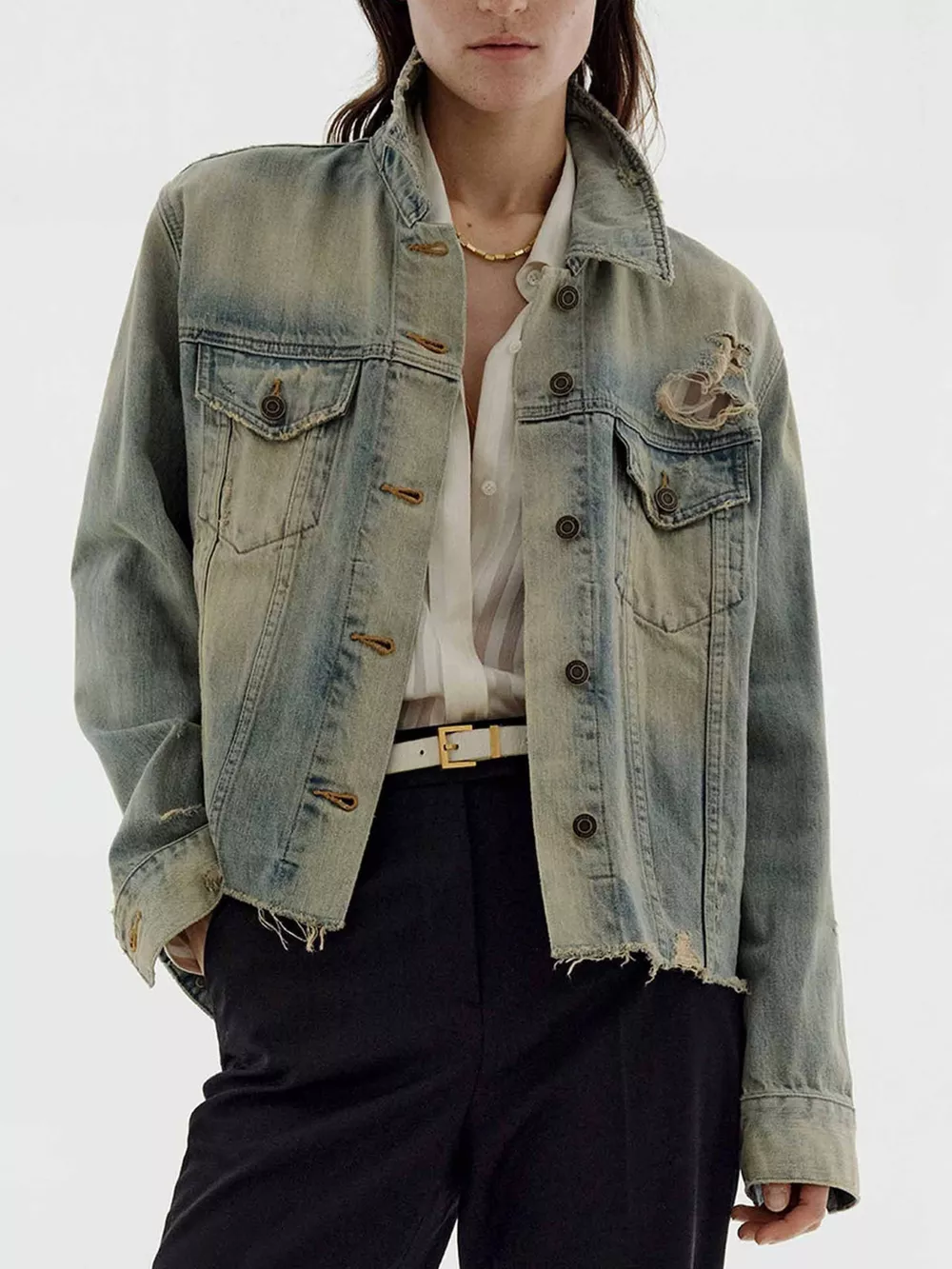 Distressed Wash Button Up Denim Jacket, image 2