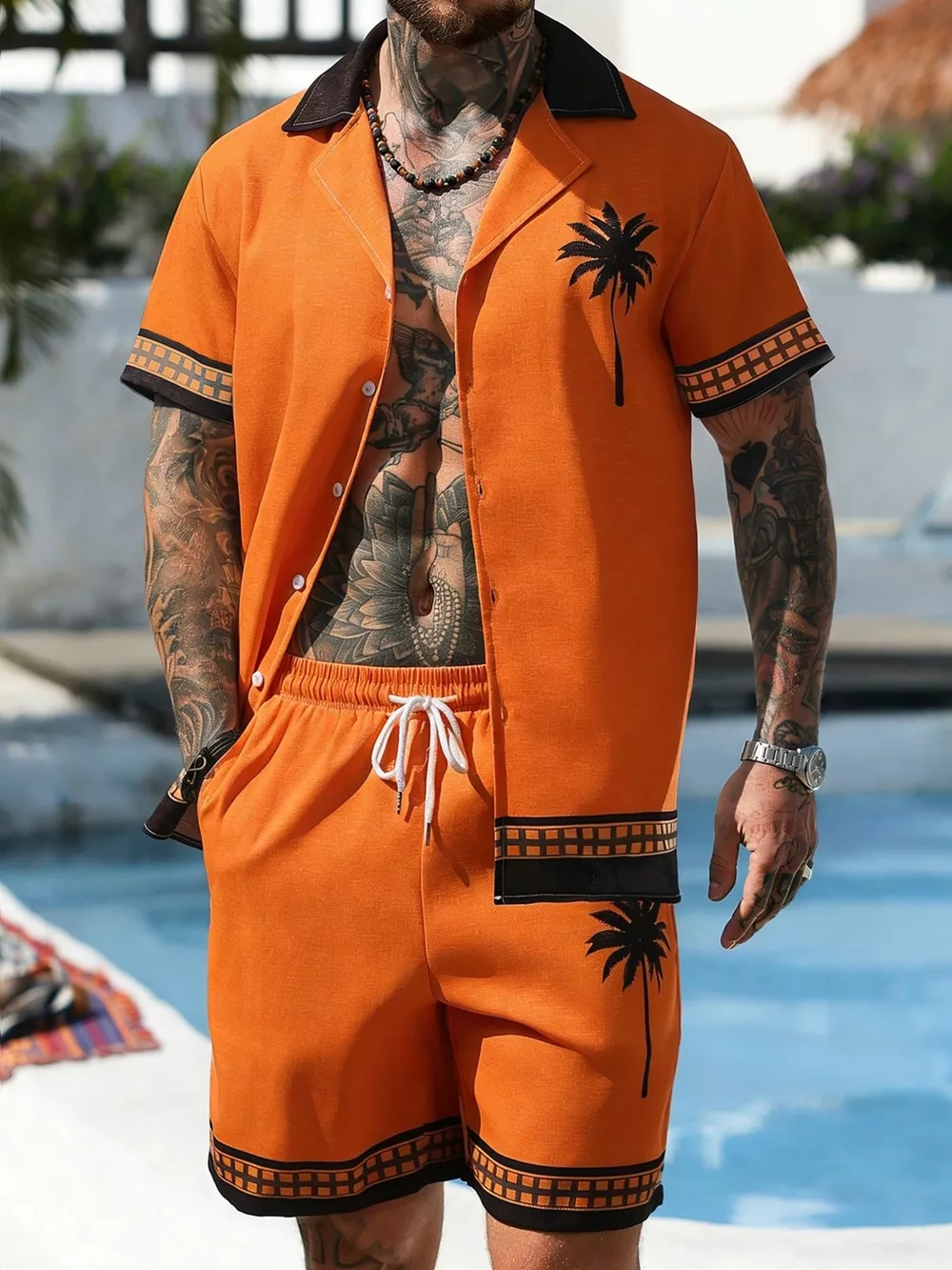Men's Tropical Palm Tree Print Short Sleeve Shirt and Shorts Set