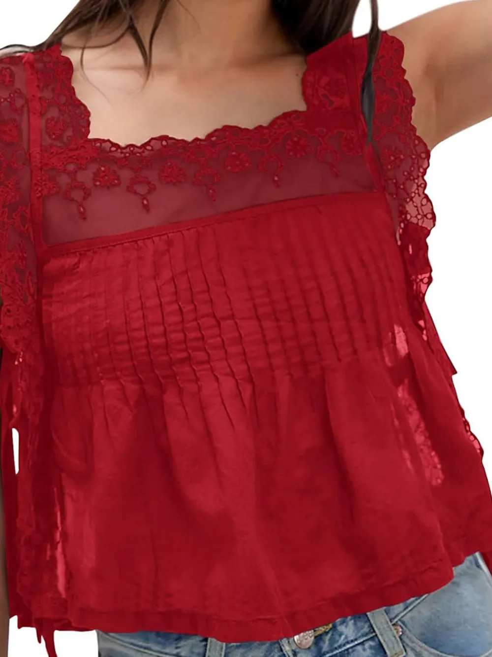 Lace-Trimmed Eyelet Square Neck Top, image 19