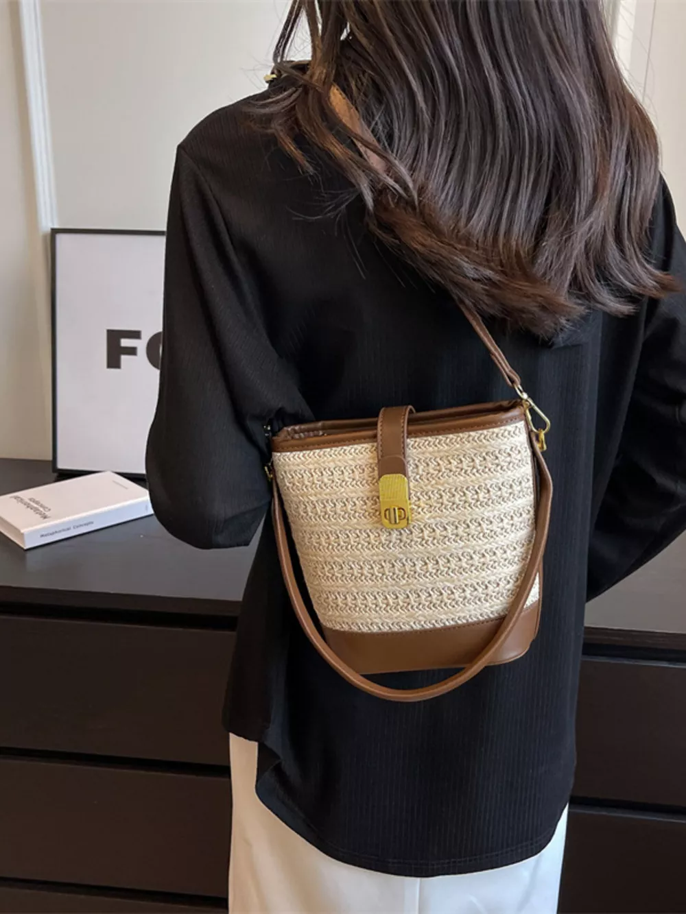 Woven Straw Bucket Crossbody Bag, image 3