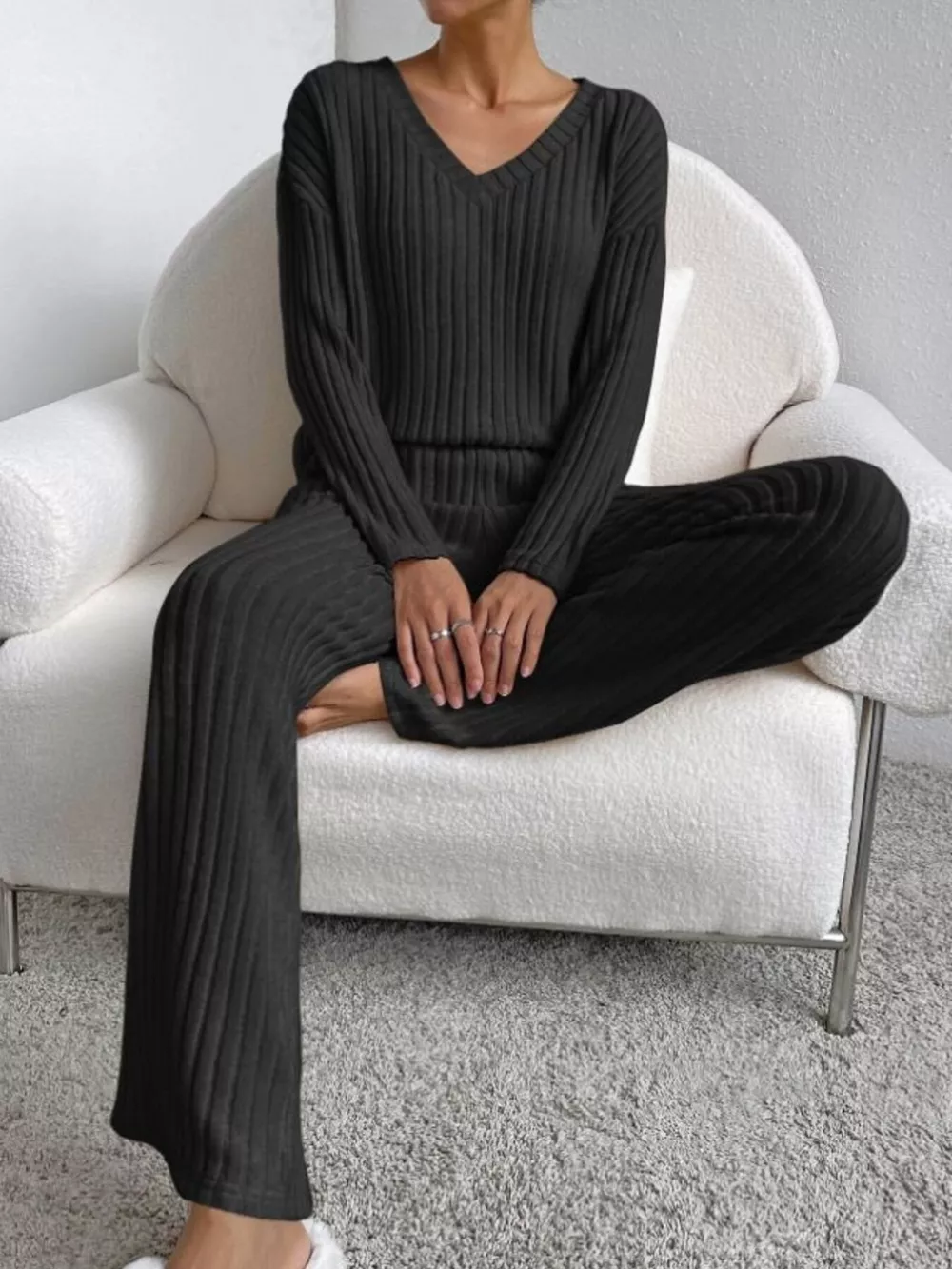 Ribbed Knit V-Neck Top and Pants Set, image 23