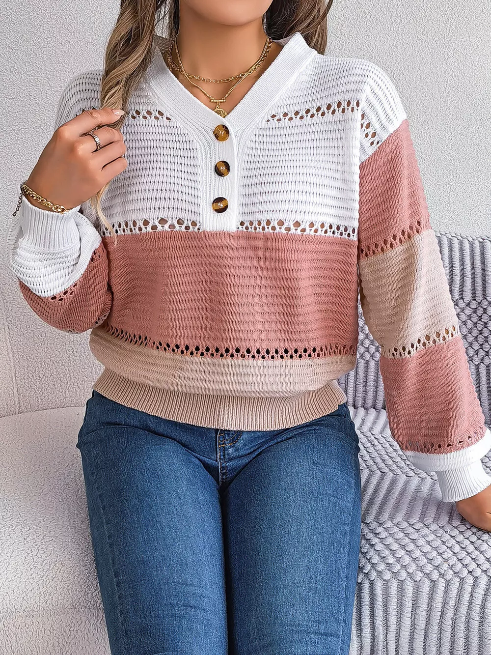 Color Block Striped V-Neck Button Detail Sweater, image 15