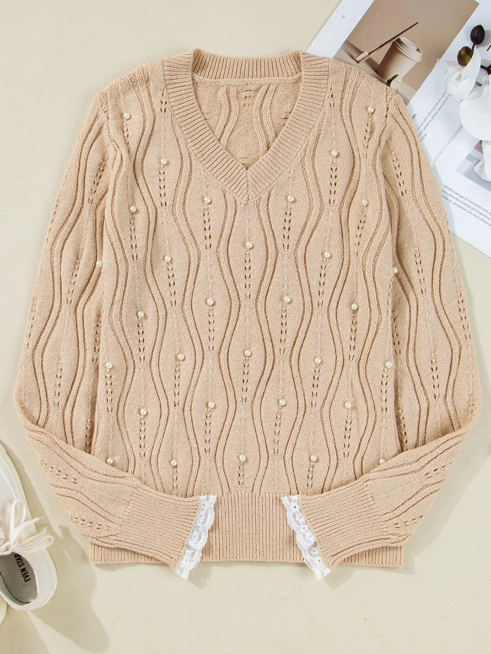Pearl Beaded Pointelle Knit V Neck Lace Patchwork Sleeve Sweater, image 2