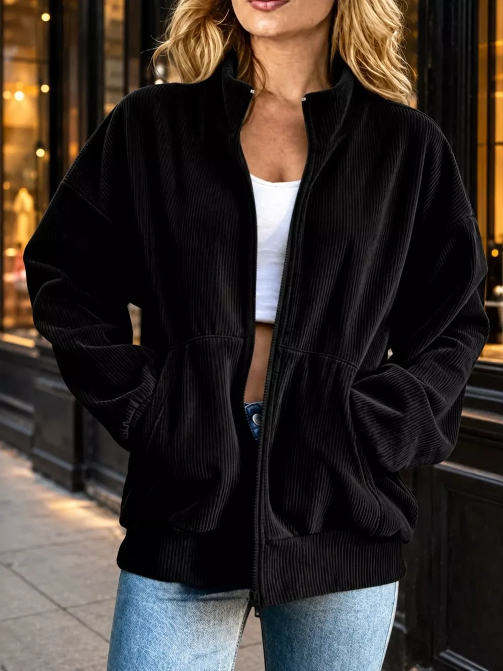 Zip Up Dropped Shoulder Corduroy Jacket, image 7