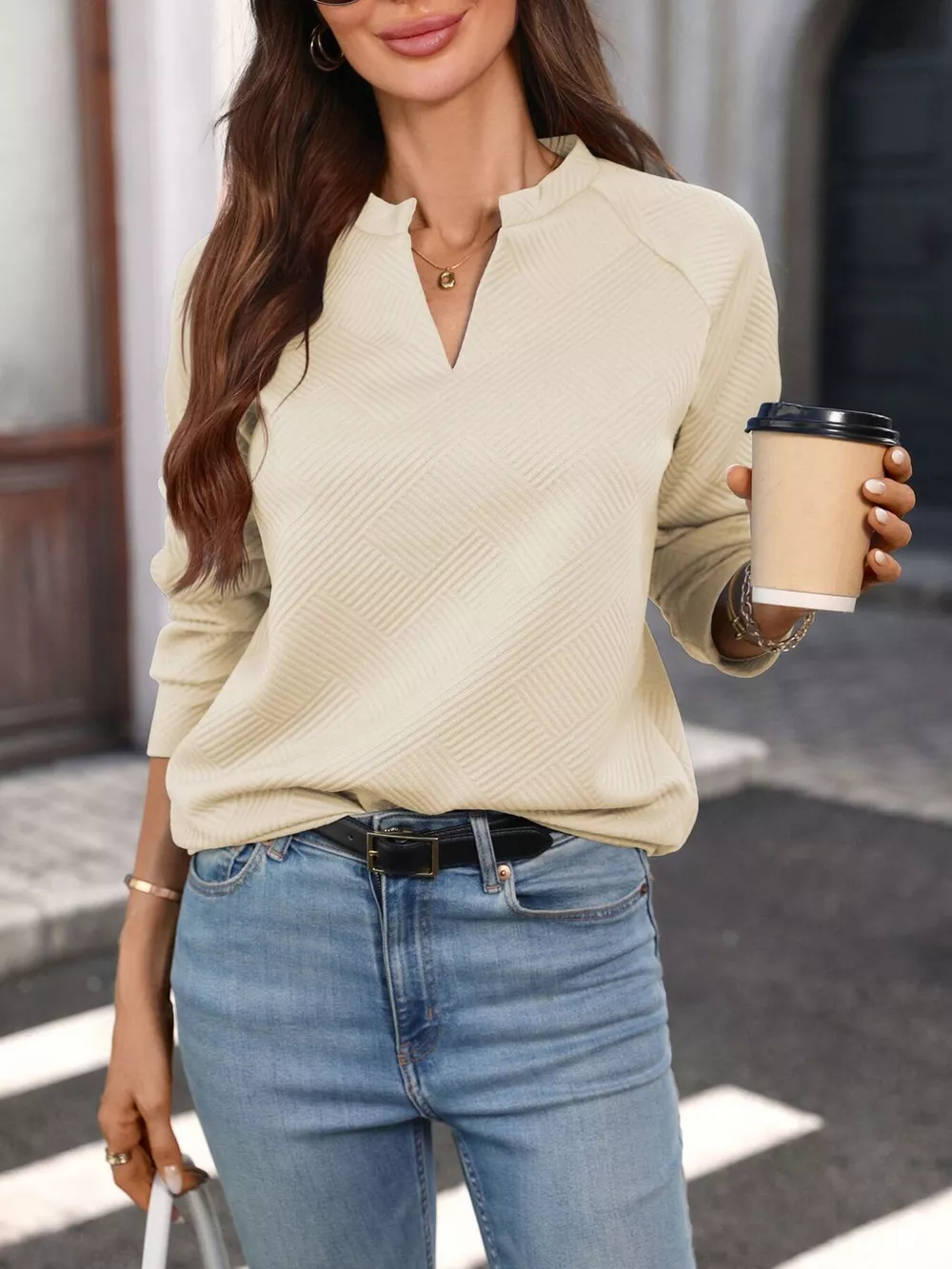 Textured Notched Long Sleeve Sweatshirt, image 2