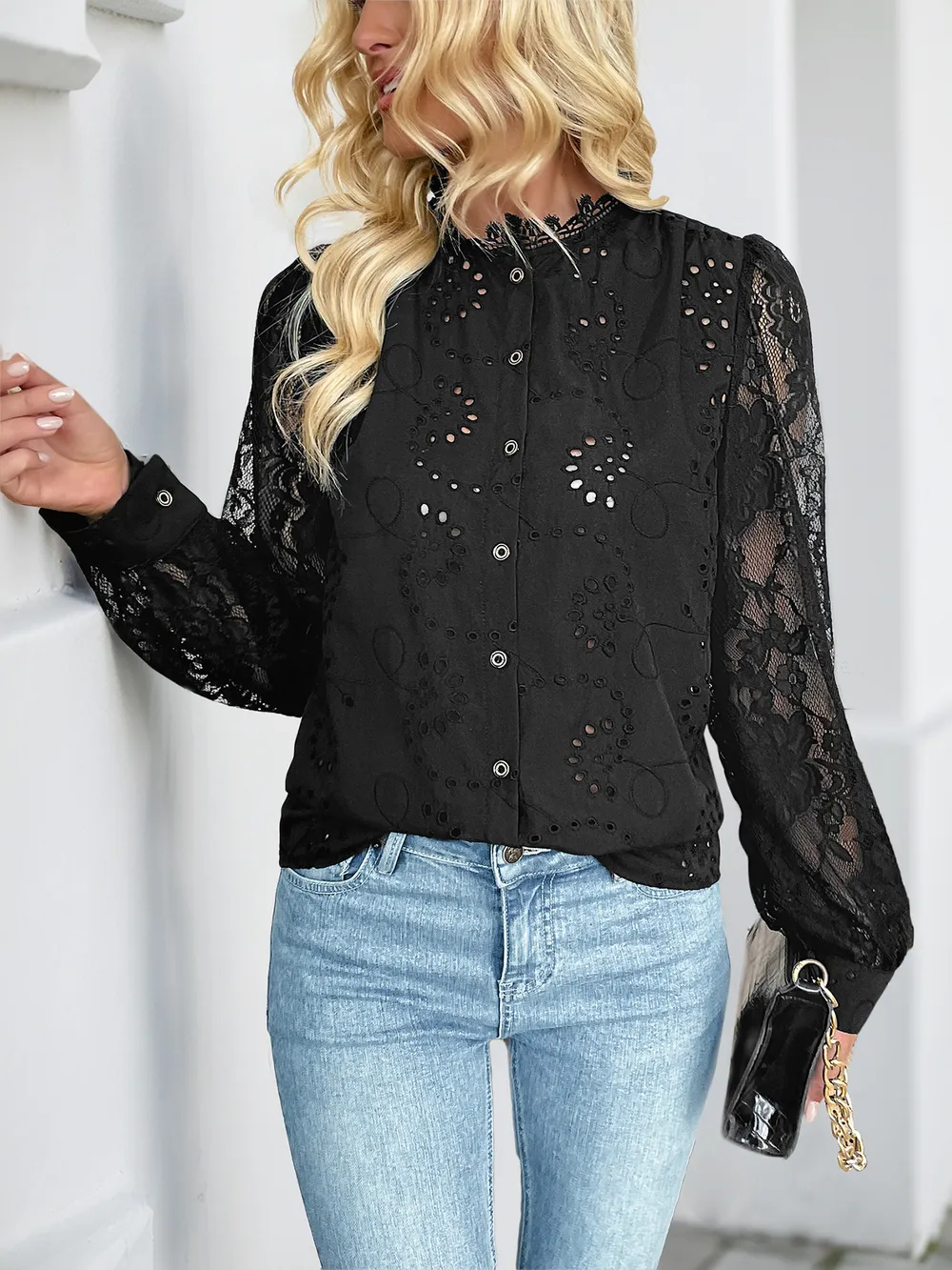 Lace Button Up Long Sleeve Shirt, image 3