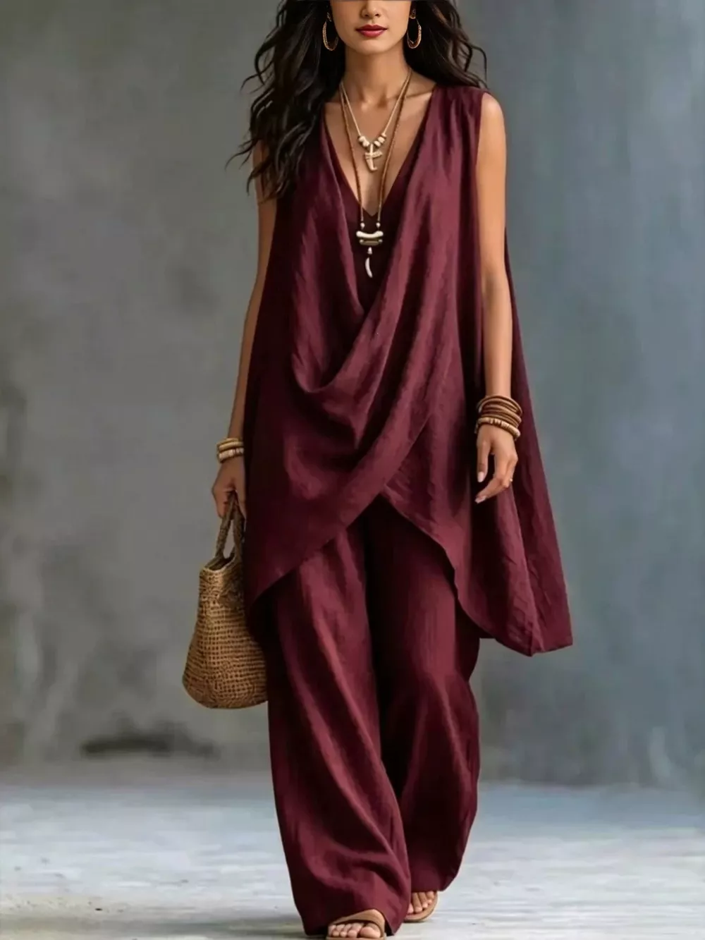 Sleeveless Asymmetrical Top and Wide-Leg Pants Set, image 6