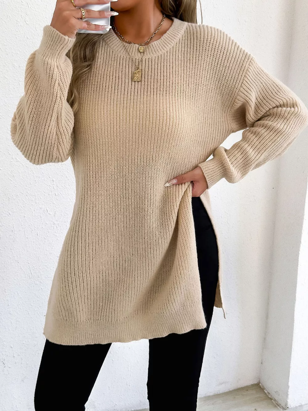 Side-Slit Dropped Shoulder Sweater, image 2