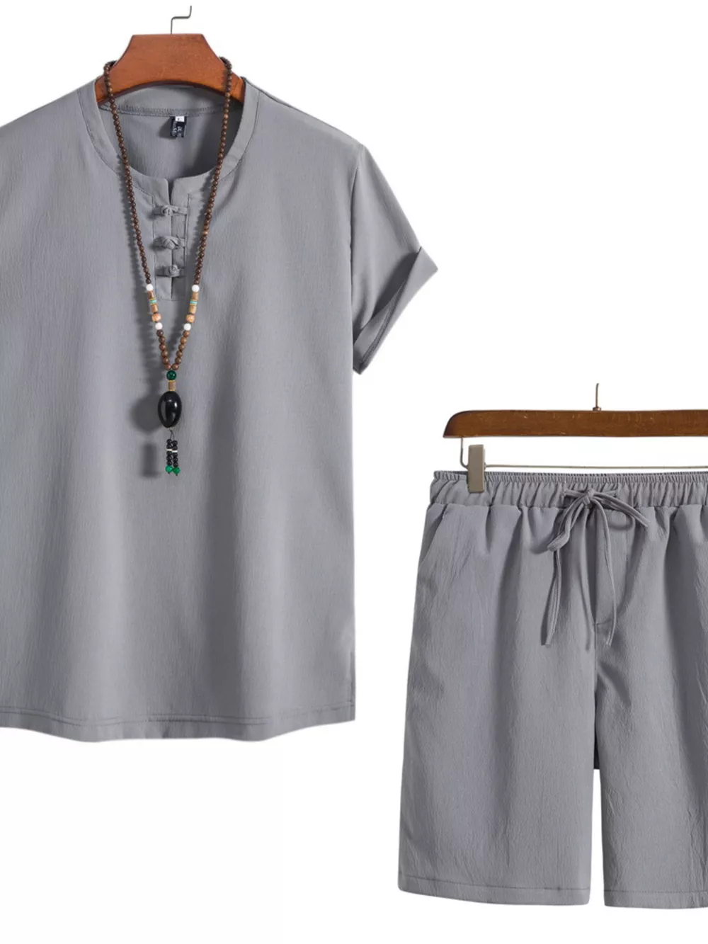 Men's Plus Size Mandarin Collar Short Sleeve Shirt and Shorts Set, image 4