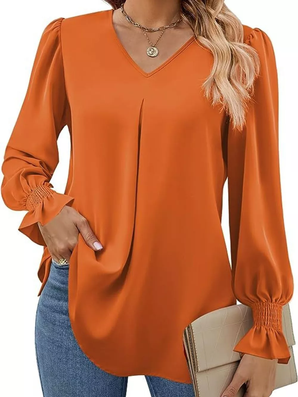 V-Neck Long Sleeve Ruffle Cuff Blouse, image 3