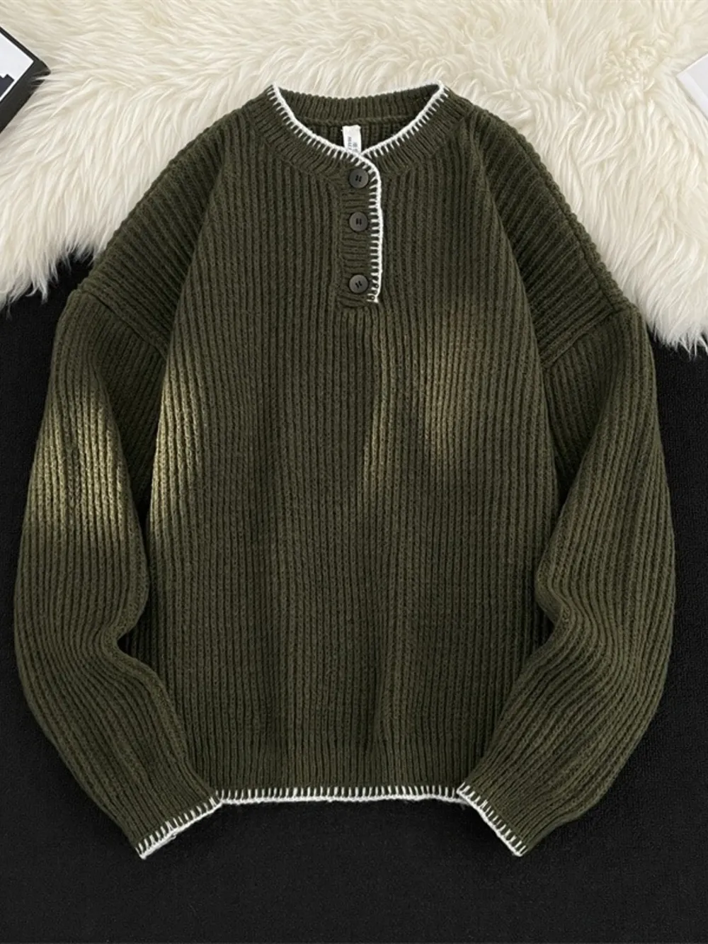 Men's Plus Size Ribbed Knit Pullover with Button Detail, image 2