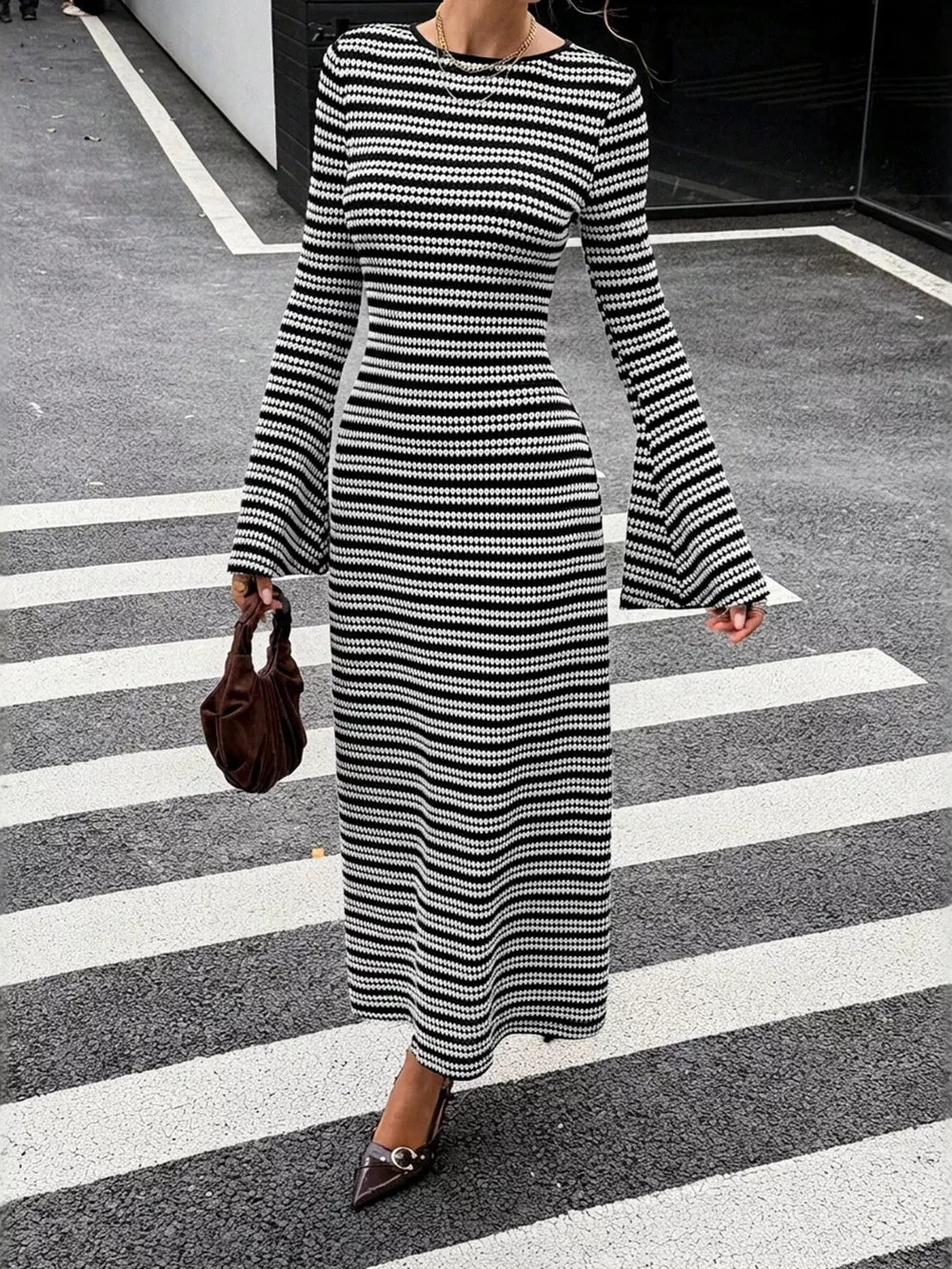 Backless Striped Ribbed Knit Maxi Dress with Flared Sleeves