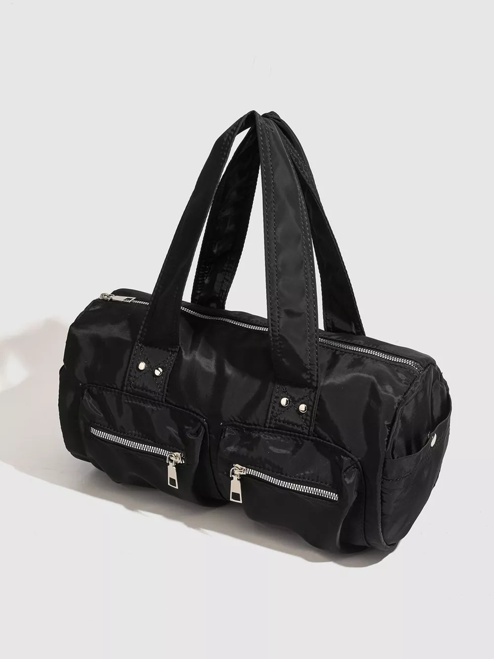 Minimalist Nylon Barrel Shoulder Bag with Multi-Pocket Utility, image 4
