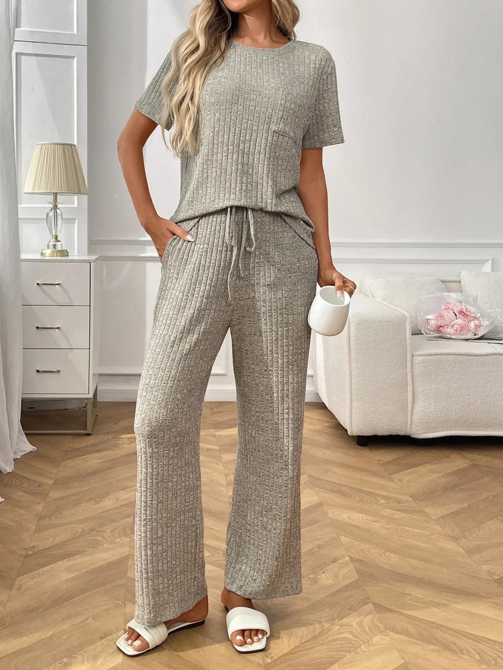 Ribbed Knit Short Sleeve Top and Pants Lounge Set, image 12