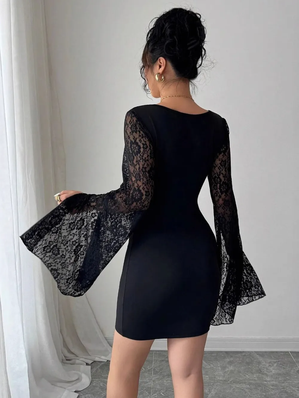 Square Neck Lace Bell Sleeve Bodycon Dress, image 4
