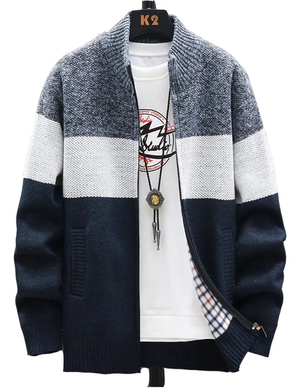 Men's Plus Size Color Block Zip Up Cardigan