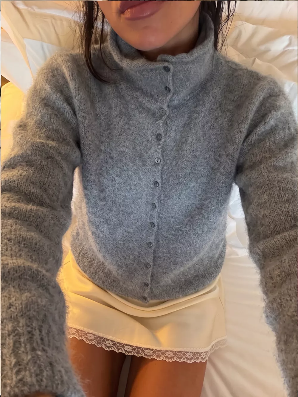 Mock Neck Button-Down Fuzzy Knit Cardigan, image 16