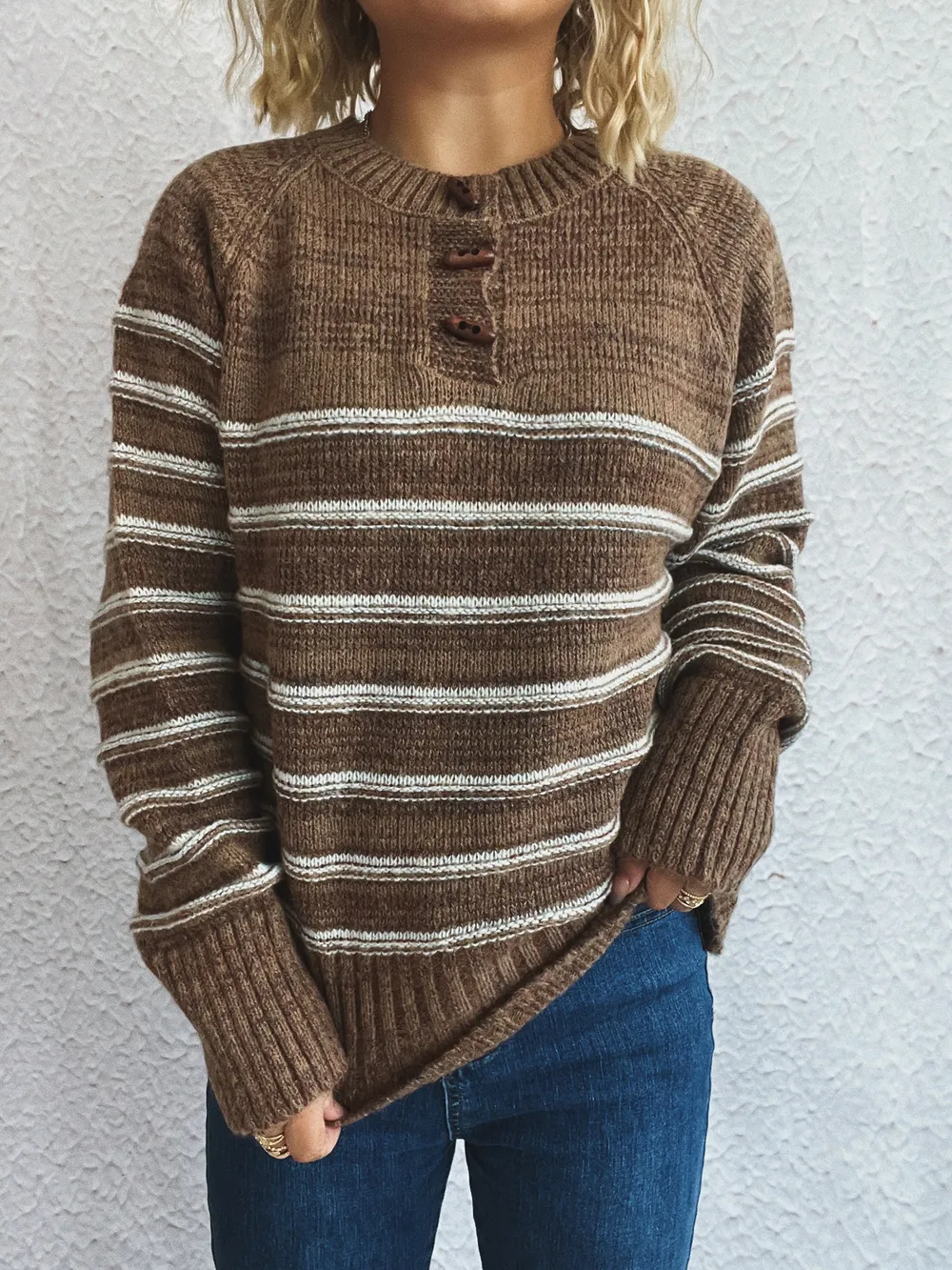 Striped Button Detail Long Sleeve Sweater, image 10