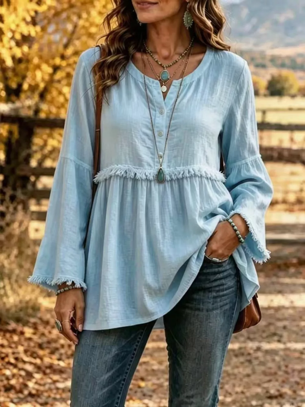 Full Size Fringed Button Detail Blouse Plus Size, image 9