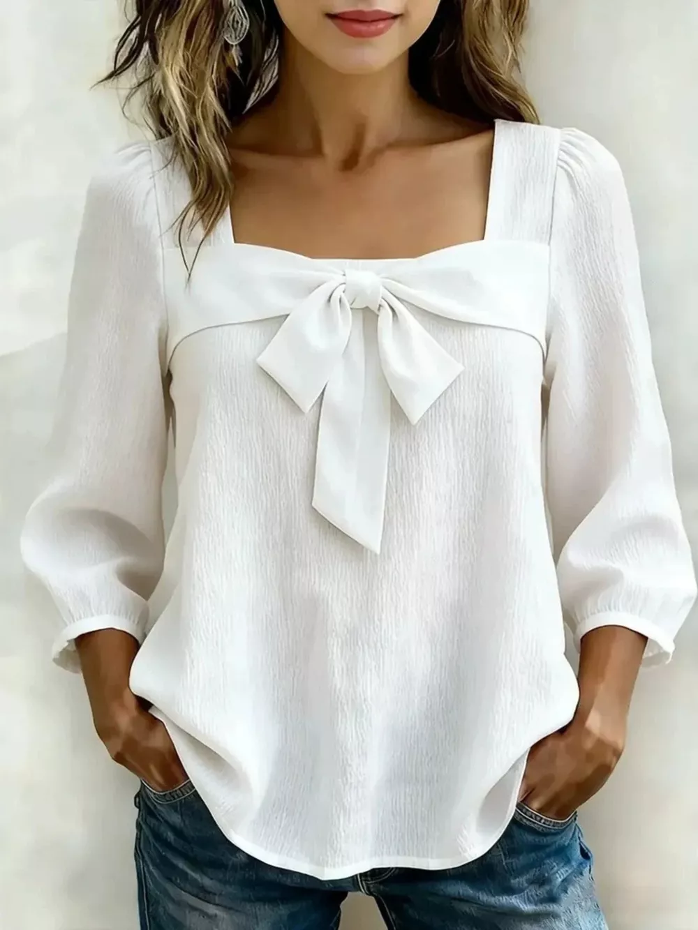 Full Size Bow Front Square Neck Blouse Plus Size, image 4