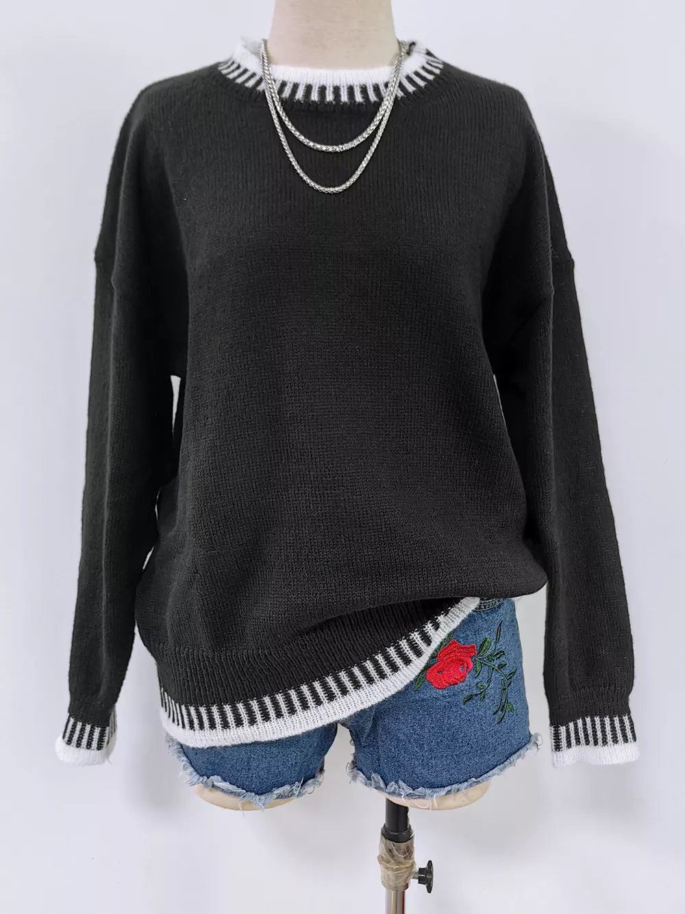 Contrast Trim Crew Neck Drop Shoulder Sweater, image 7