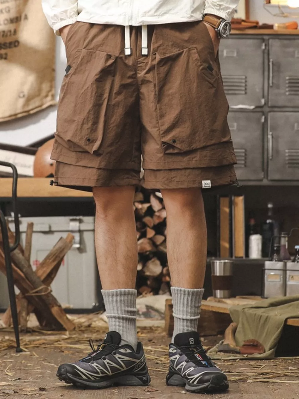 Men's Plus Size Multiple Pocket Layered Cargo Shorts with Drawstring Hem