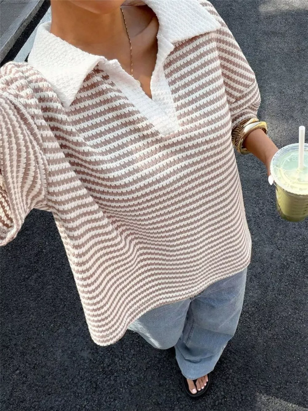Striped Knit 3/4 Sleeve Polo Top, image 11