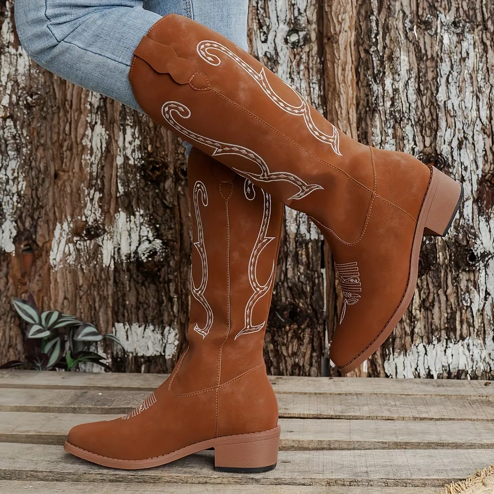 Embroidered Round Toe Block Heels Boots, image 9