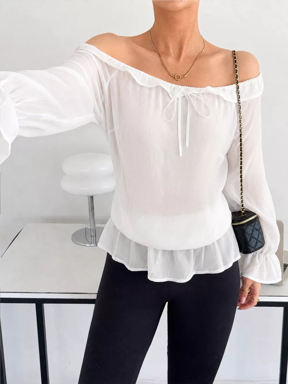 Off-Shoulder Flounce Sleeve Chiffon Blouse, image 7