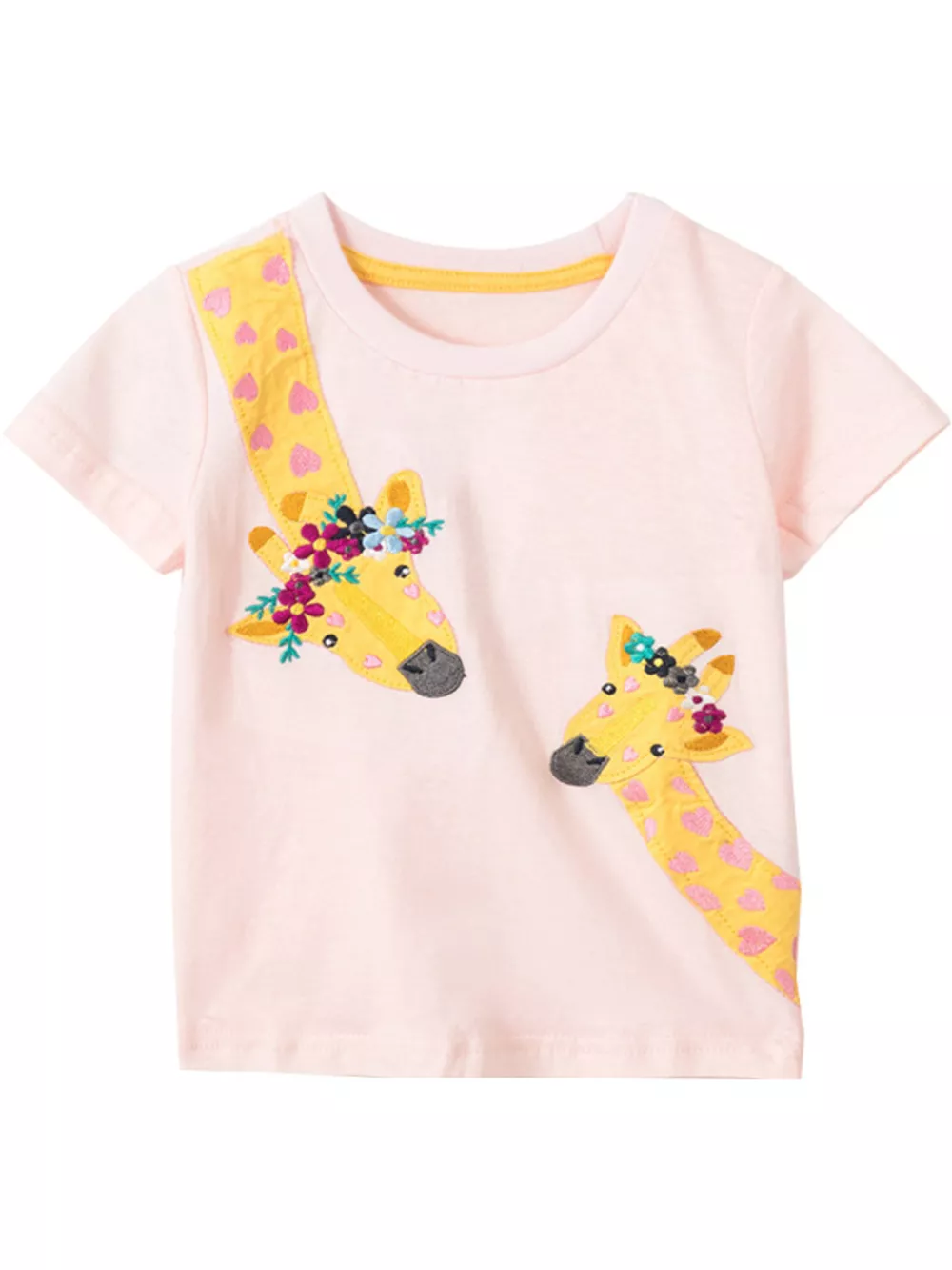 Children's Giraffe Embroidered T-Shirt with Floral Accents