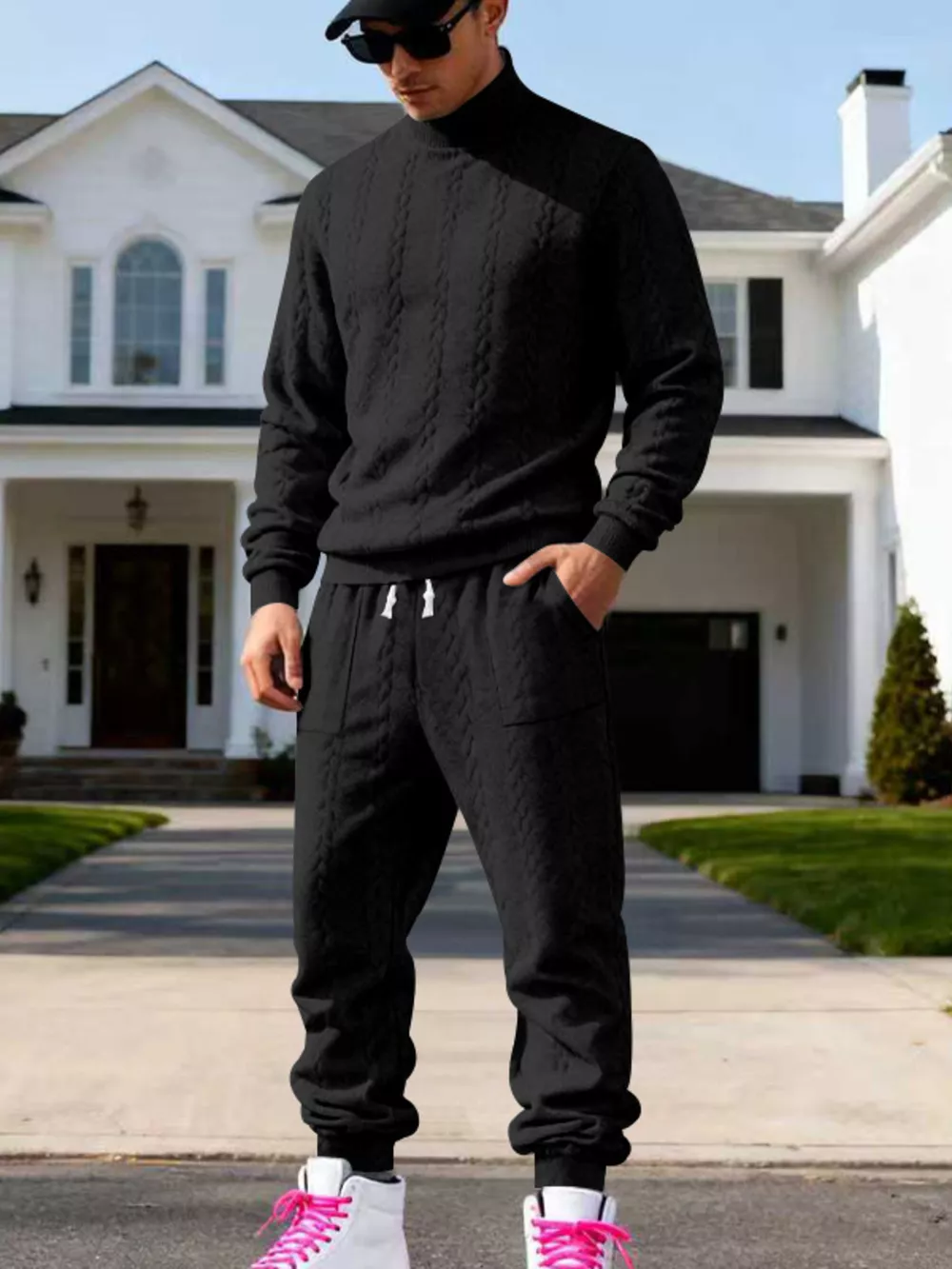 Men's Full Size Cable Knit Mock Neck Sweater and Joggers Set Plus Size, image 4