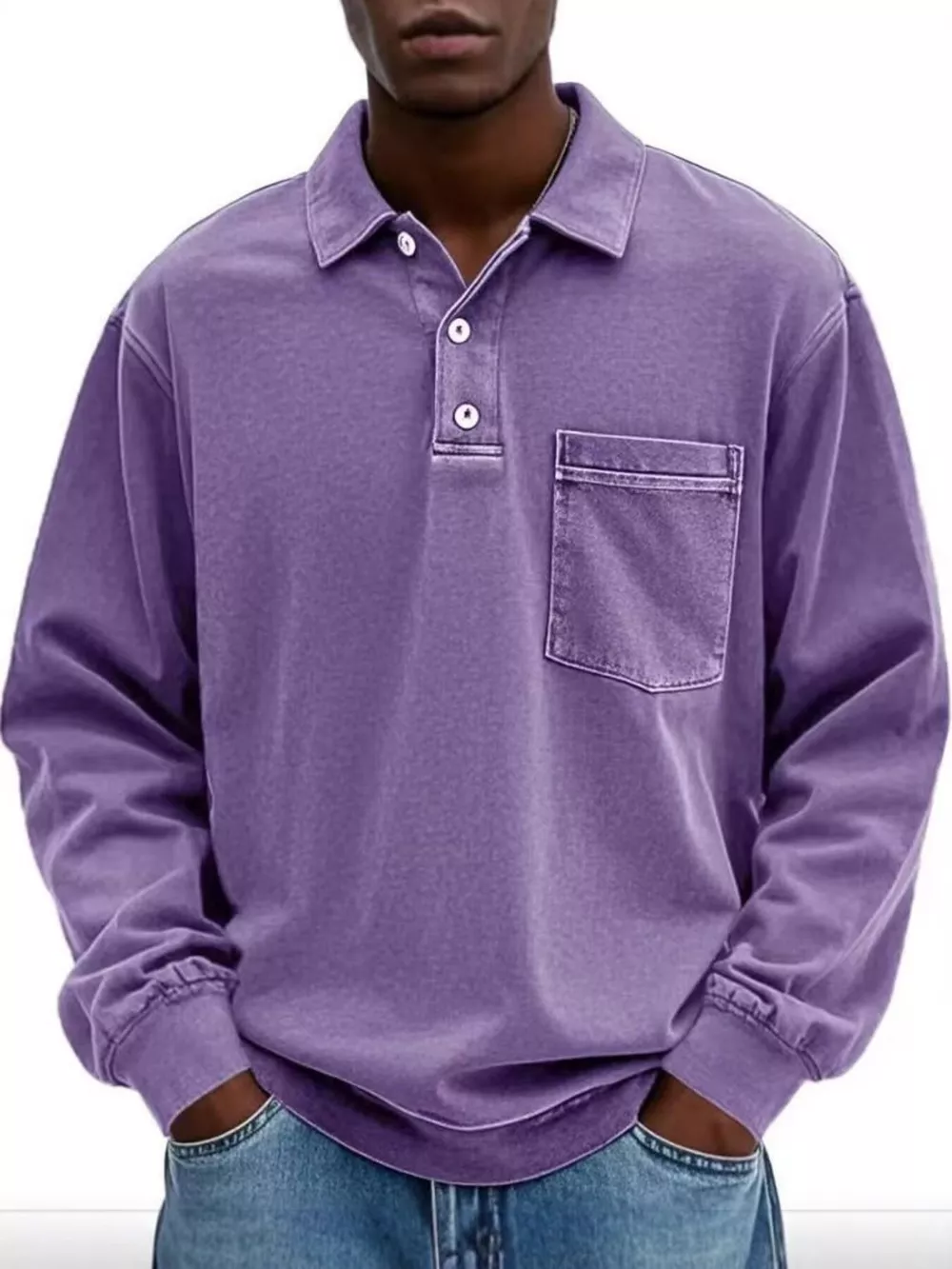 Men's Full Size Vintage Button Detail Long Sleeve Polo Plus Size, image 5