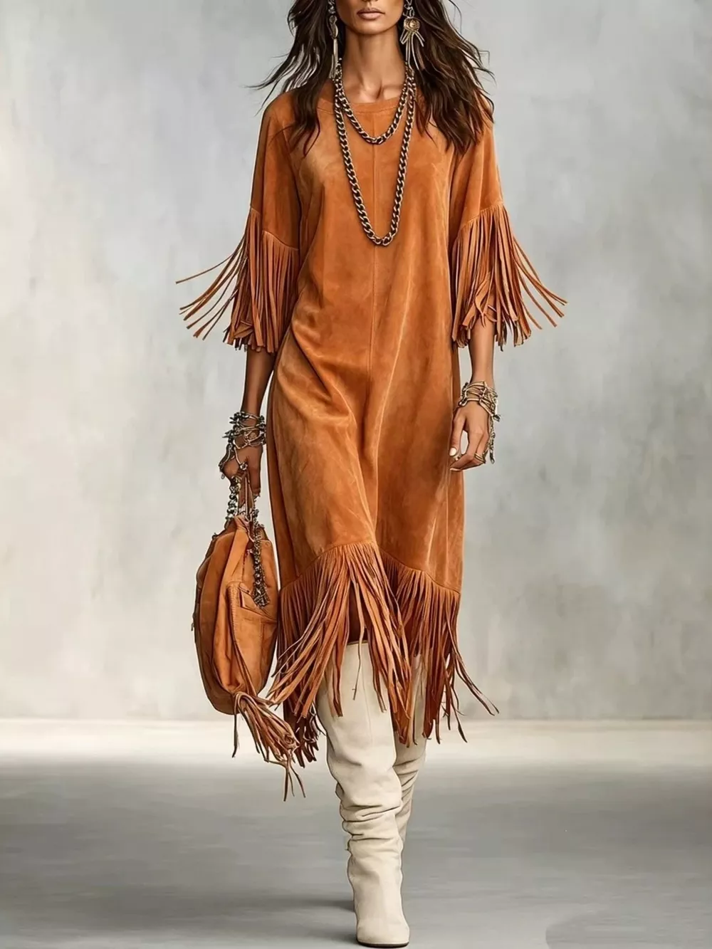 Fringed Round Neck Midi Dress, image 8