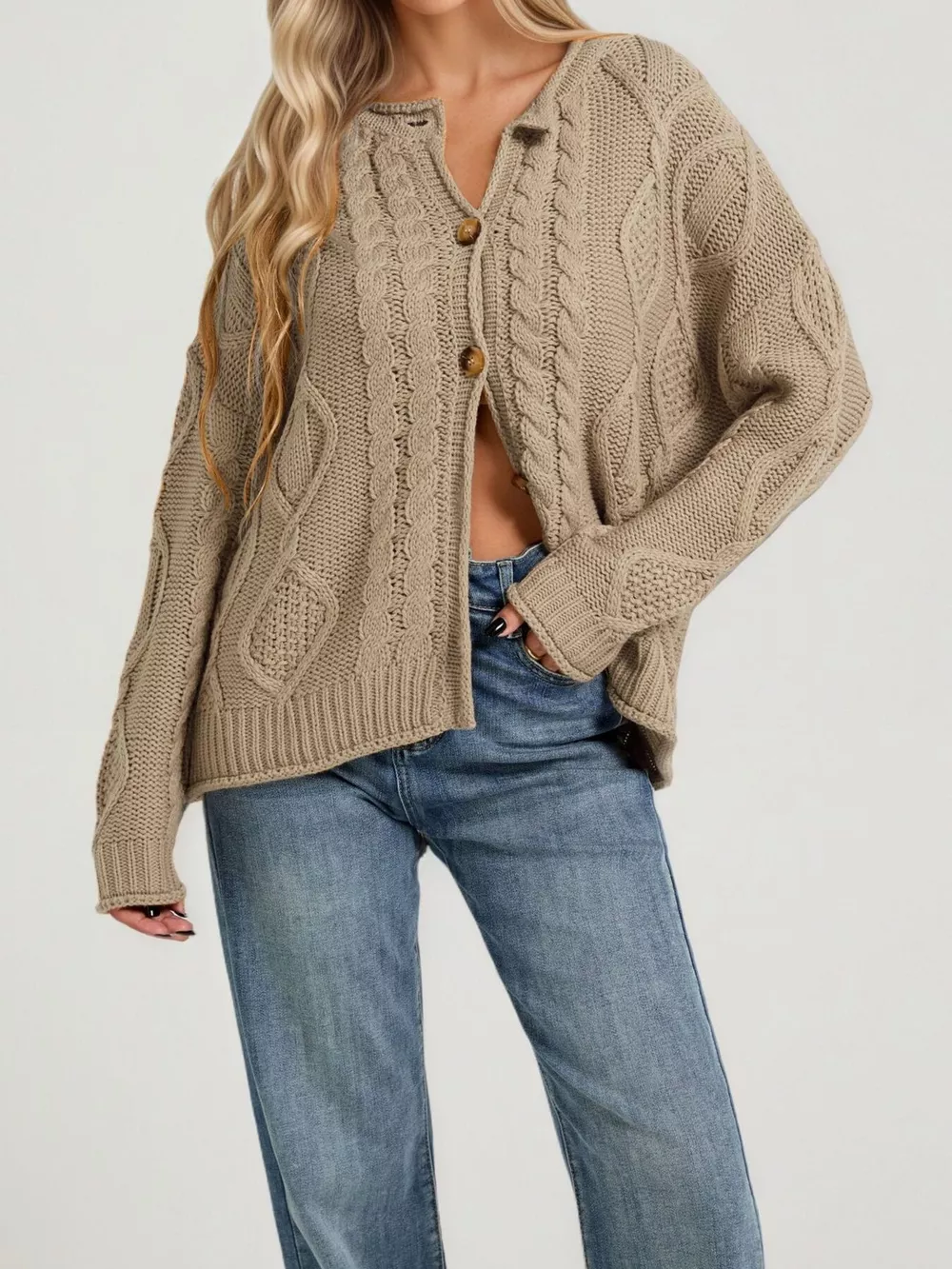 Cable-Knit Button-Down Cardigan, image 10